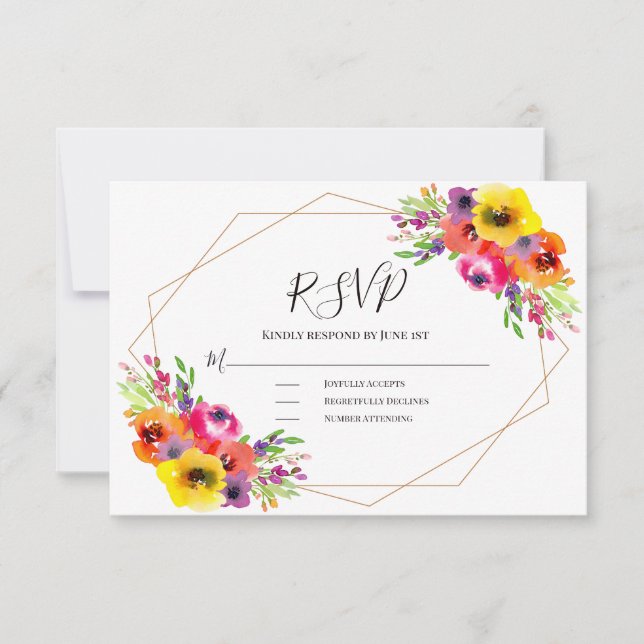Cartão RSVP Casamento Floral Geométrico Elegante De Aquarela (Frente)
