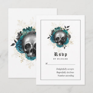 Cartão RSVP Casamento Floral Gótico Craniano Verde