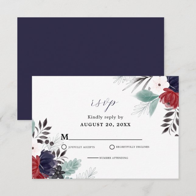 Cartão RSVP Casamento Floral Gótico Vermelho marinho Azul Borg (Frente/Verso)