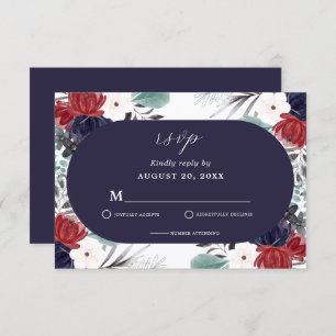 Cartão RSVP Casamento Floral Gótico Vermelho marinho Azul Borg