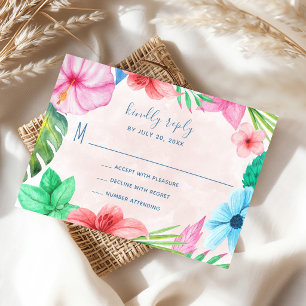 Cartão RSVP Casamento floral havaiano cor-de-rosa tropical