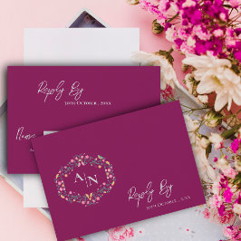 Cartão RSVP Casamento Floral Intrato Vermelho Monograma Elegan