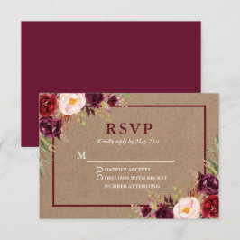 Cartão RSVP Casamento Floral Kraft Moderno Elegante Burgundy