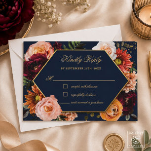 Cartão RSVP Casamento Floral Laranja Ferrugem Borgonha Azul Na