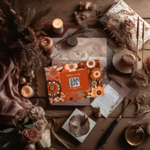 Cartão RSVP Casamento floral laranja queimada retro groovy