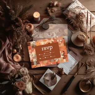 Cartão RSVP Casamento floral laranja queimada retro groovy