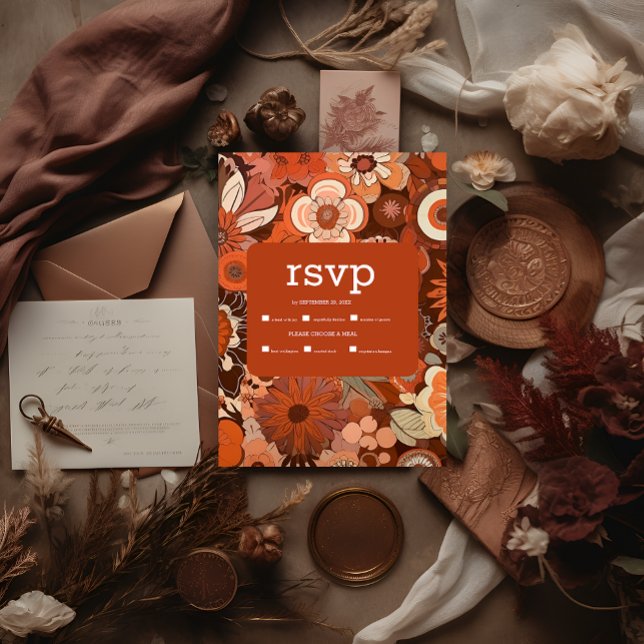 Cartão RSVP Casamento floral laranja queimada retro groovy (Criador carregado)