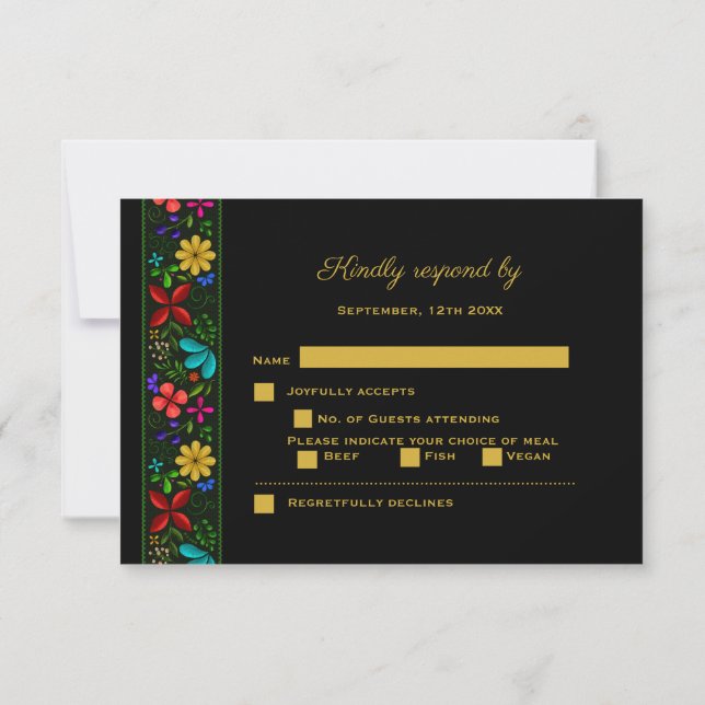 Cartão RSVP Casamento Floral Latino-Americano Dourado Elegante (Verso)
