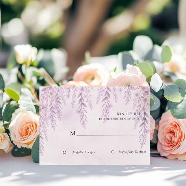 Cartão RSVP Casamento Floral Lavanda Bege Sofisticado (Criador carregado)