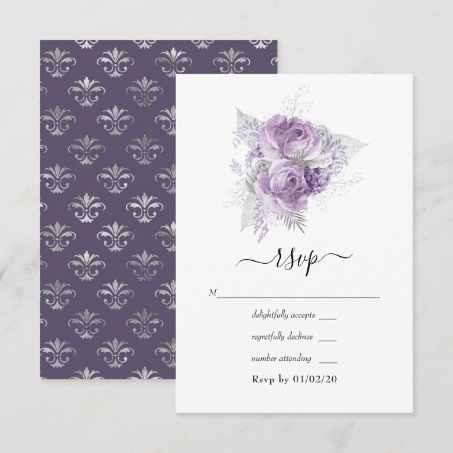 Cartão RSVP Casamento Floral Lavanda e Prata (Frente/Verso)