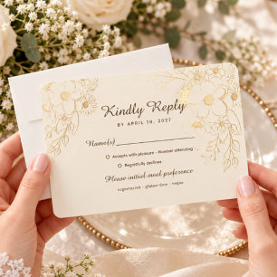 Cartão RSVP Casamento Floral Marfim Elegante Dourado