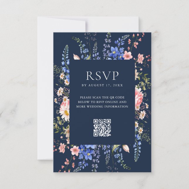 Cartão RSVP Casamento Floral marinho Azul (Frente)