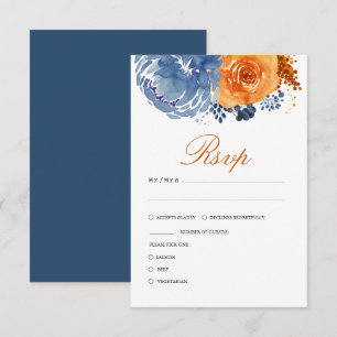 Cartão RSVP Casamento Floral marinho Azul Laranja Queimado Que