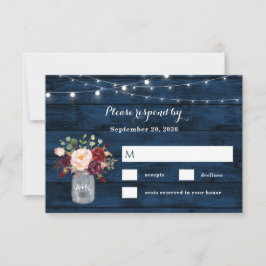 Cartão RSVP Casamento Floral Marinho Russo Azul e Borgonha Blu