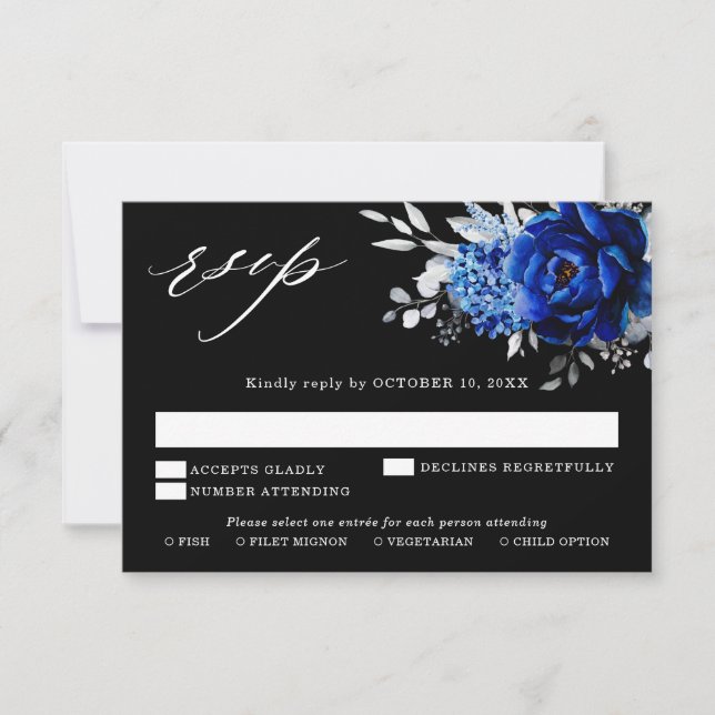 Cartão RSVP Casamento Floral Metálico Azul Real Branco Prata R (Frente)