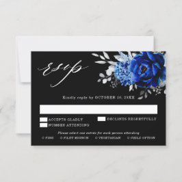 Cartão RSVP Casamento Floral Metálico Azul Royal Branco Prata 