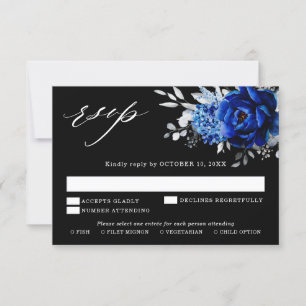 Cartão RSVP Casamento Floral Metálico Azul Royal Branco Prata 
