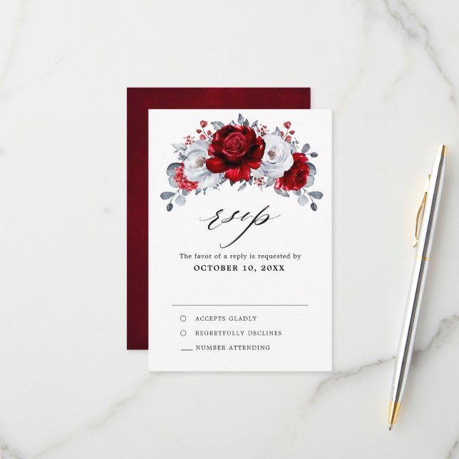 Cartão RSVP Casamento Floral Metálico Branco Vermelho Real Pra (Frente/Verso In Situ)
