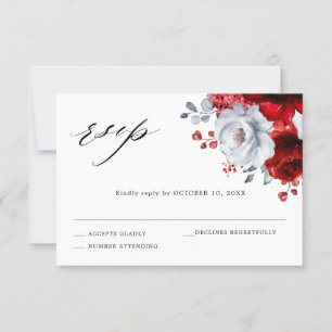 Cartão RSVP Casamento Floral Metálico Branco Vermelho Royal Pr