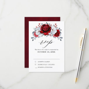 Cartão RSVP Casamento Floral Metálico Branco Vermelho Royal Pr
