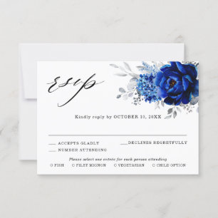 Cartão RSVP Casamento Floral Metálico Real Blue Silver