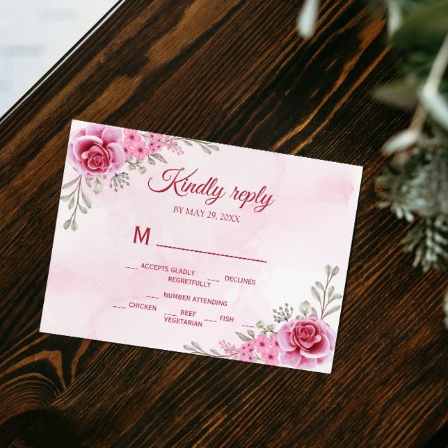 Cartão RSVP Casamento Floral Minimalista Dourado Rosa (Criador carregado)