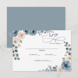 Cartão RSVP Casamento Floral Moderno Azul Poente Bege Marfim