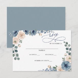 Cartão RSVP Casamento Floral Moderno Azul Poente Bege Marfim