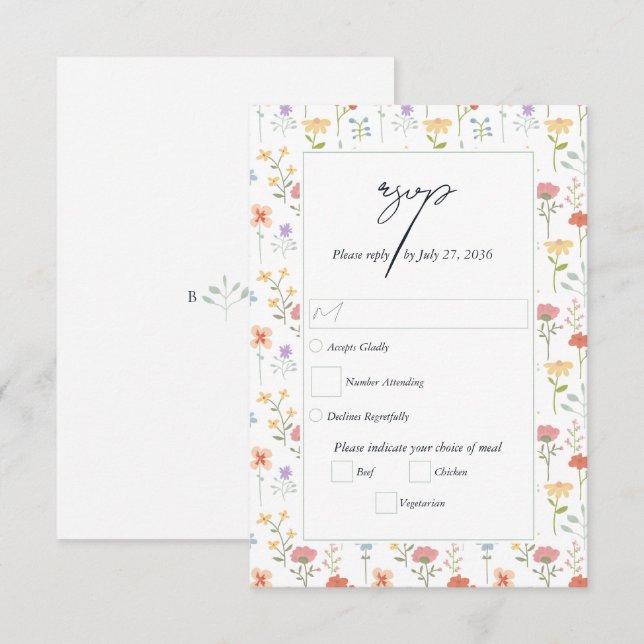 Cartão RSVP Casamento Floral Moderno com Flores Silvestres Boh (Frente/Verso)