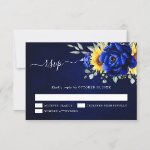 Cartão RSVP Casamento Floral Moderno de Girassol Azul Real Rús