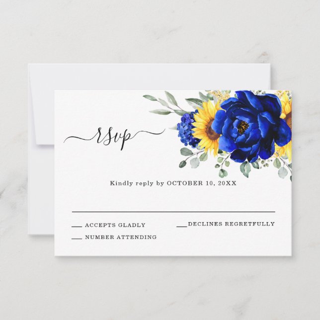 Cartão RSVP Casamento Floral Moderno de Girassol Azul Real Rús (Frente)
