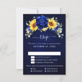 Cartão RSVP Casamento Floral Moderno de Girassol Rústico Azul