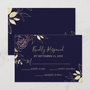 Cartão RSVP Casamento Floral Moderno de Peony marinho Azul e D