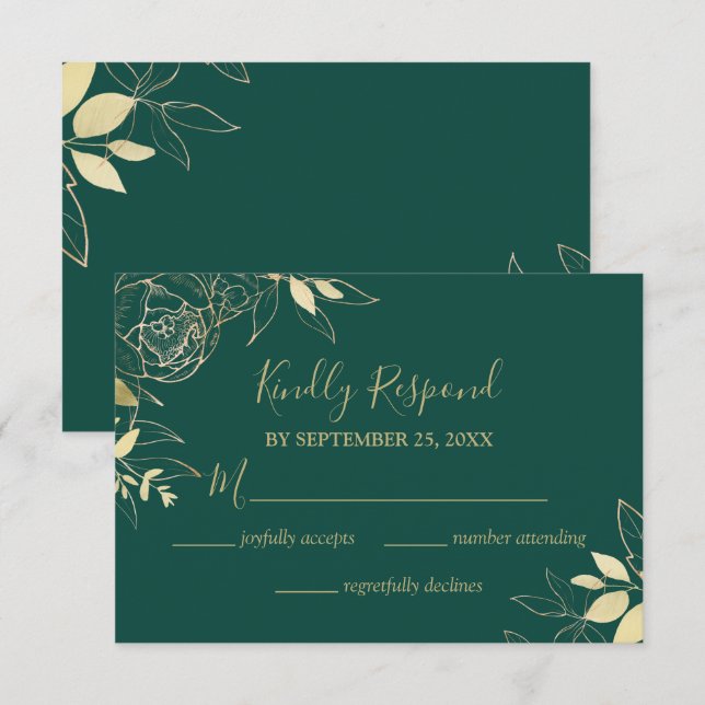 Cartão RSVP Casamento Floral Moderno de Peony Moderno Emerald  (Frente/Verso)