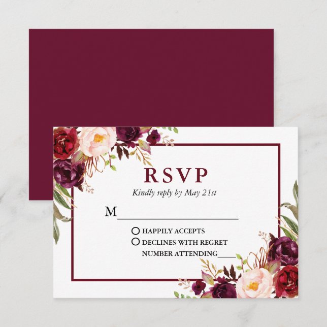 Cartão RSVP Casamento Floral Moderno Elegante Burgundy (Frente/Verso)