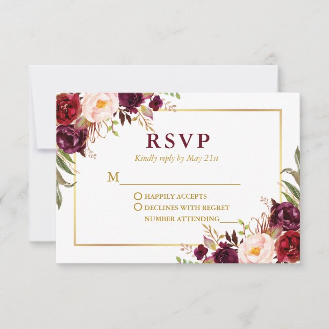 Cartão RSVP Casamento Floral Moderno Elegante Burgundy Dourado (Frente)