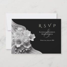 Cartão RSVP Casamento Floral Moderno Flor Preta e Branca