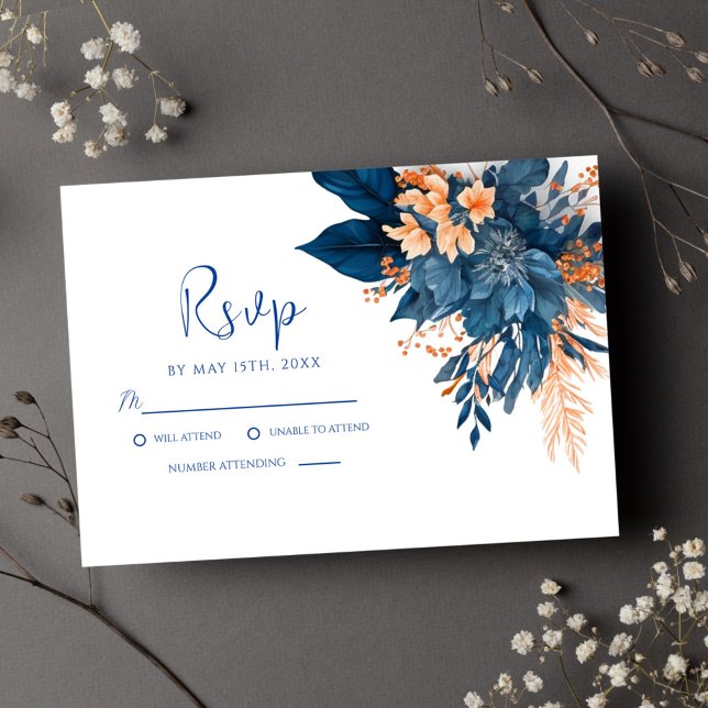 Cartão RSVP Casamento Floral Moderno Indigo Rust (Indigo Rust Modern Floral Wedding RSVP Card)