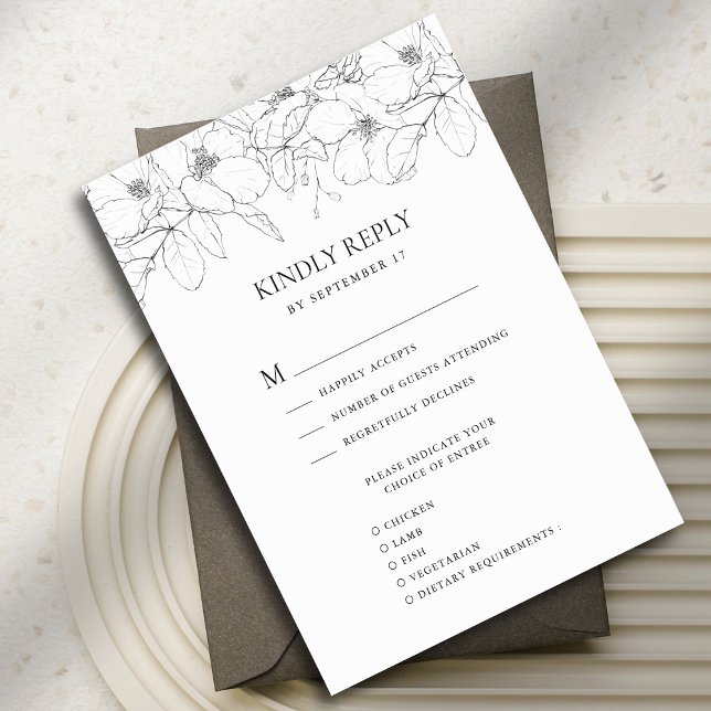 Cartão RSVP Casamento Floral Moderno Mínimo Negro e Branco (Criador carregado)