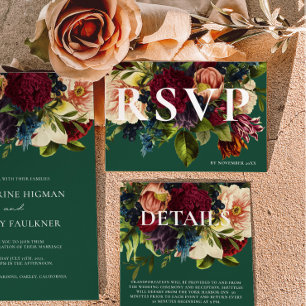 Cartão RSVP Casamento Floral Moody Burgundy Emerald Winter