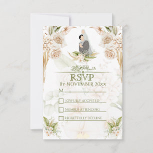 Cartão RSVP Casamento Floral Muçulmano Verde e Beige