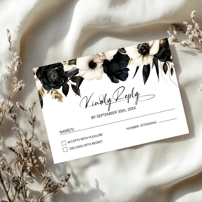 Cartão RSVP Casamento Floral Negro e Branco (Criador carregado)