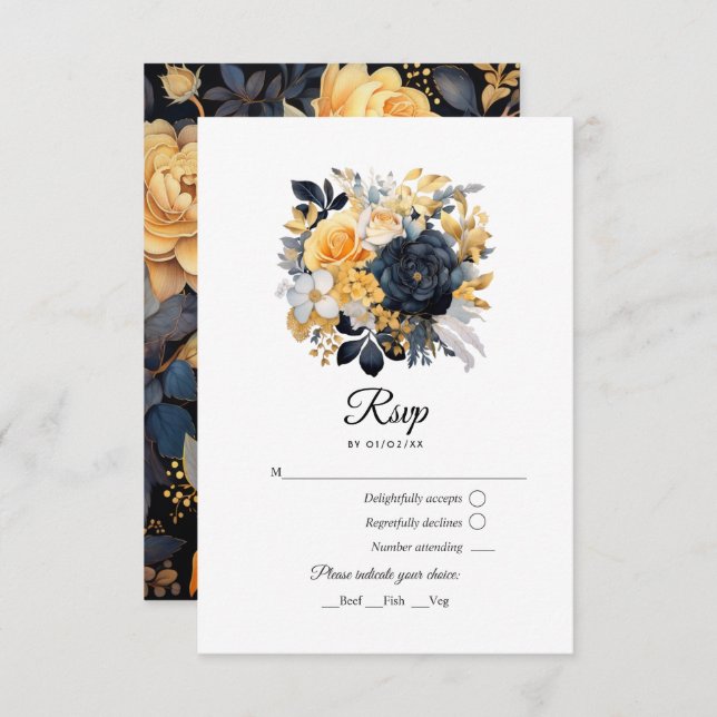 Cartão RSVP Casamento Floral Negro e Dourado (Frente/Verso)