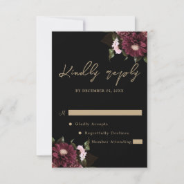 Cartão RSVP Casamento Floral Negro Elegante