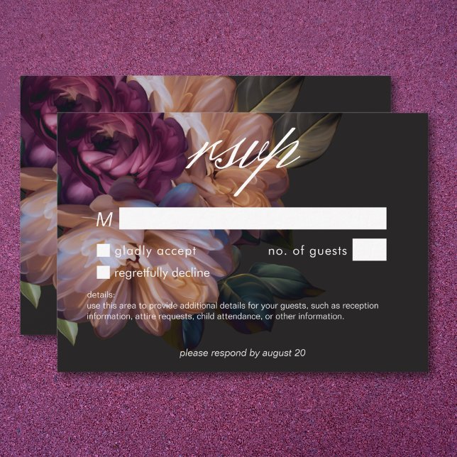 Cartão RSVP Casamento Floral Negro Elegante Sem Janta (Elegant Black Moody Floral Wedding No Dinner RSVP Card)