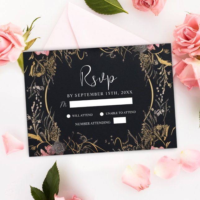 Cartão RSVP Casamento Floral Negro Gótico Único (Unique Dark Gothic Black Floral Wedding RSVP Card)