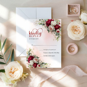 Cartão RSVP Casamento Floral Ouro Vermelho Escuro Boêmio Moder