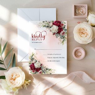 Cartão RSVP Casamento Floral Ouro Vermelho Escuro Boêmio Moder
