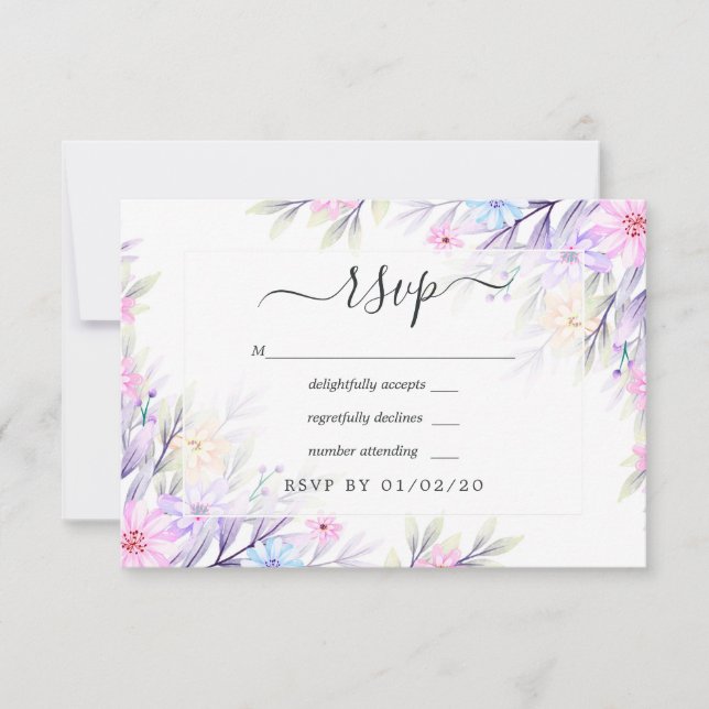 Cartão RSVP Casamento Floral Pastel Watercolor (Frente)