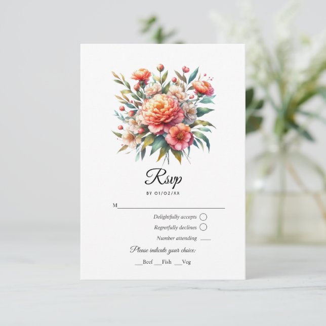 Cartão RSVP Casamento Floral Peach Fuzz (Em pé/Frente)